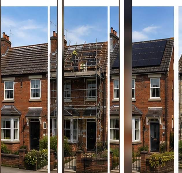 Illustrative example of a solar installation on a Portsmouth home, before, during and after